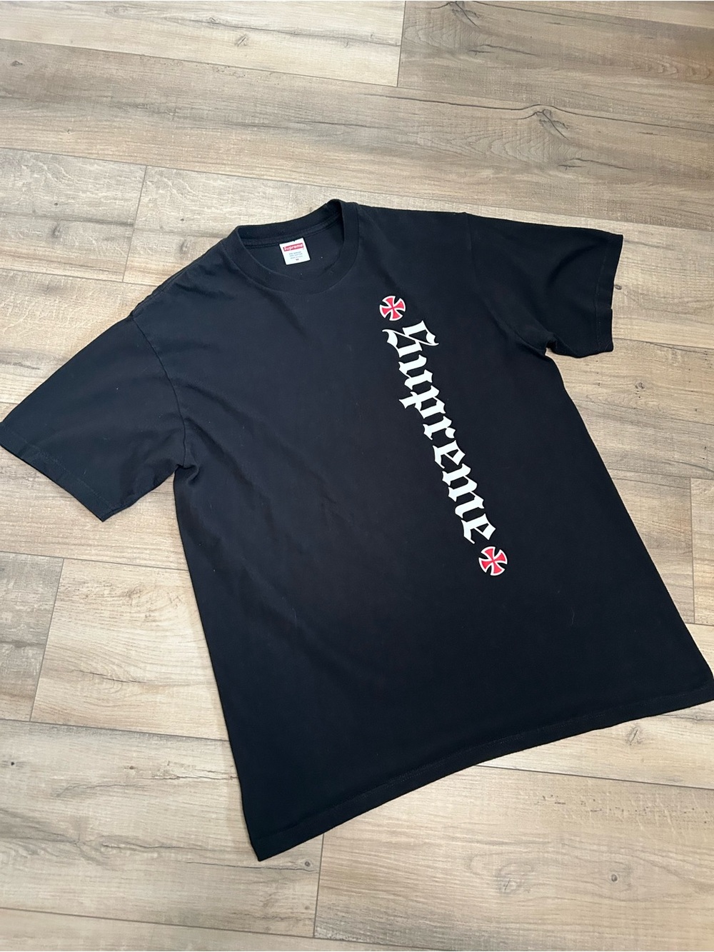 Supreme FW17 Black Tee with White Gothic Vertical Logo and Red Accents